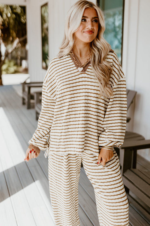 Striped Johnny Collar Pullover Drawstring Wide Leg Pant Set